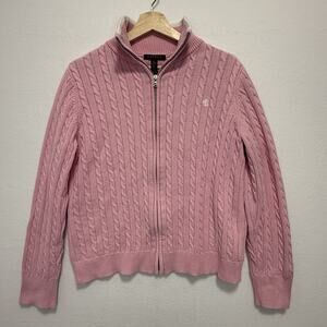 LRL Full Zip Cable Knit Long Sleeve Sweater XL Cotton Pink